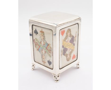 A Victorian silver playing card holder, rectangular with glazed sides on four bracket feet, the slightly domed cover opens to