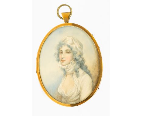 Attributed to Andrew Plimer (1763-1837) Portrait miniature of a Lady wearing white dress with high neck lace ruff, white cap,