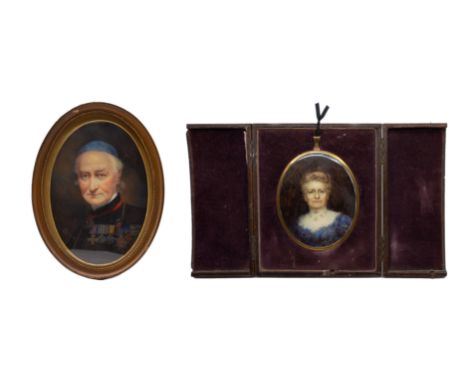 19th Century School Portrait miniature of a Bishop wearing violet (blue) zucchetto and medals  watercolour, oval, signed with