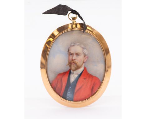 English School (late 19th Century School)  Portrait miniature of a Gentleman in red coat, white stock oval, 7cm long, signed 