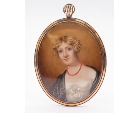 English School (19th Century) Portrait miniature of a Lady in white dress with black lace shawl, pearl necklace  oval, 7.5cm,