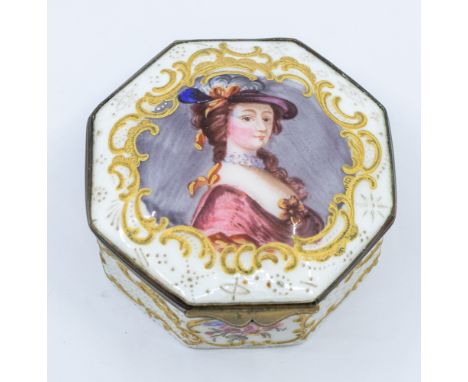 A South Staffordshire gilt metal mounted octagonal shaped table snuff box and cover, circa 1770, on white ground the body dec