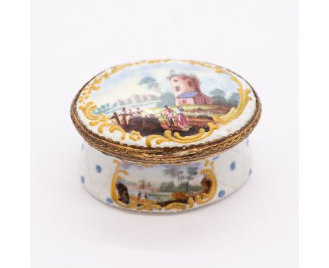 An 18th Century South Staffordshire gilt metal mounted enamel oval snuff box and cover, circa 1795, the waisted body with whi