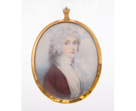 Early 19th Century School in the manner of Cosway Portrait miniature of a Lady, white stock, powdered hair oval, 7cm long, in