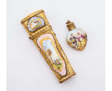 An 18th Century gilt metal and enamel etui, the tapering body cast and engraved with scrolling decoration, the body with shap