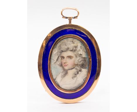 English School (18th Century) Portrait miniature of a Lady wearing white cap and white mantle oval, en grisaille on card, 5cm
