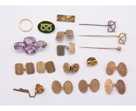 A collection of items to include three pairs of early 20th century 9ct gold link cufflinks, all oval in form including scroll
