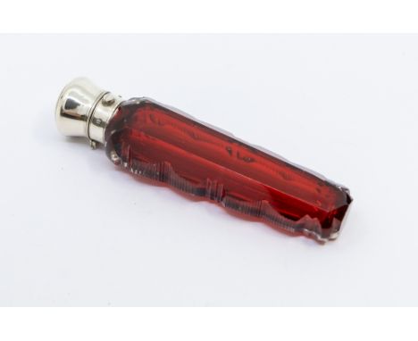 A Victorian silver mounted tapering ruby glass scent bottle, cut and ridged edges, plain silver collar and cover, apparently 