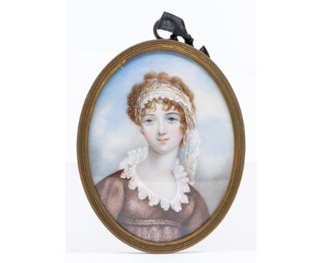 English School (19th Century) Portrait miniature of Emma, Lady Hamilton oval, watercolour, 10.5cm long, gilt framed, inscript