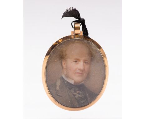 Victorian School Portrait miniature of a Gentleman oval, 5.5cm long, in yellow metal frame (untested)   Further details: a/f 