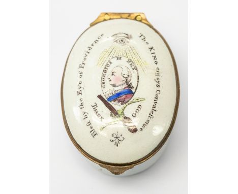 A Bilston enamel commemorative "Recovery of George III" oval patch box, circa 1789, white ground throughout, the hinged cover