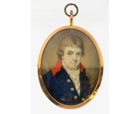 English School (19th Century) Portrait miniature of a Gentleman, blue coat red lapels oval, 6.5cm long, in yellow metal frame