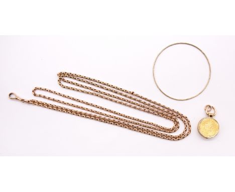 ****AUCTIONEER TO ANNOUNCE GUINEA COIN LOCKET POSSIBLY REPRODUCTION***** A 9ct rose gold guard chain, comprising oval links, 