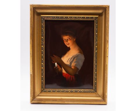 A late 19th Century German porcelain plaque portrait of a Lady holding a chamber stick titled verso "Gute Nacht"&nbsp; (good 