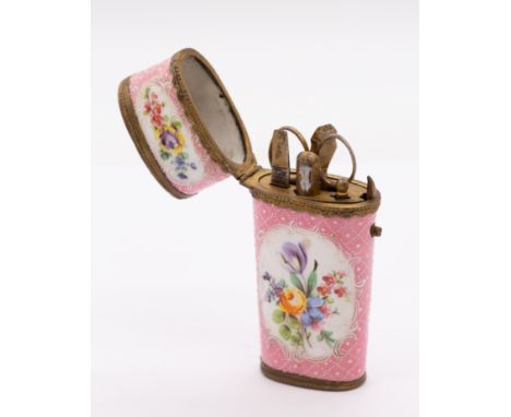 A South Staffordshire gilt metal mounted enamel etui, circa 1770, tapering body with oval section, the pink ground decorated 