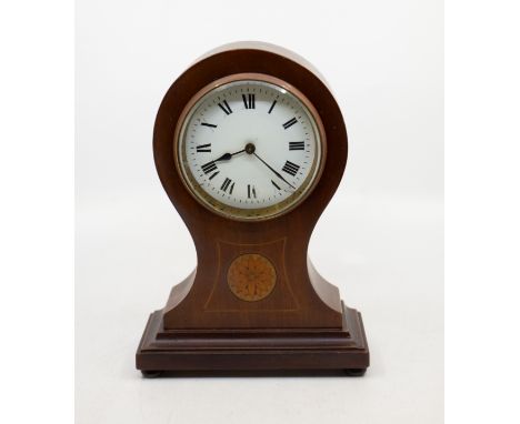 An Art Deco style inlaid mahogany mantle clock, balloon shaped on plinth base, white enamel dial with Roman numerals, approx 