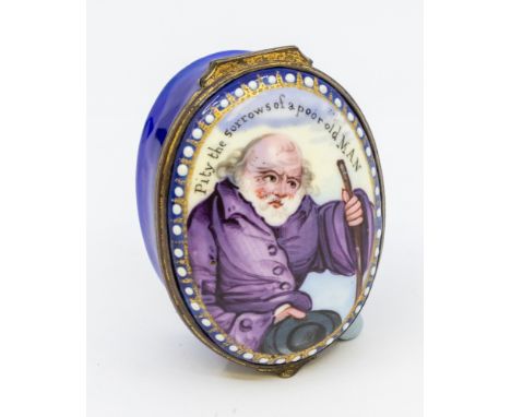 A late 18th Century English enamel gilt metal mounted patch box and cover, cobalt blue ground, the cover painted with an elde