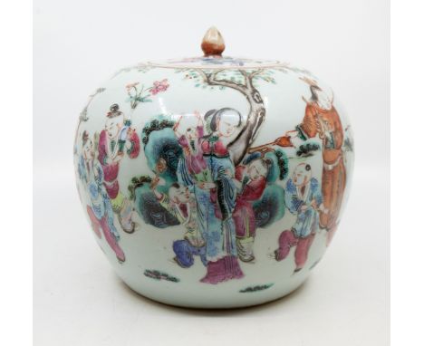 A Chinese famille verte globular ginger jar and cover, the body painted with mother holding child surrounded by attendants, r