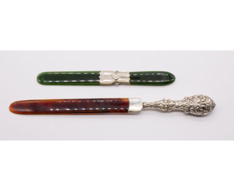 An early 20th Century nephrite jade letter opener with white metal bright cut central section, apparently unmarked together w