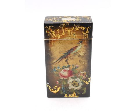 A 19th century lacquered rectangular tea caddy box with bone veneered lining to the hinged cover and rim, zinc lining to the 
