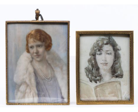 English School (20th Century) Portrait miniature of a young woman reading  watercolour on card, 8cm x 6cm, gilt framed and an