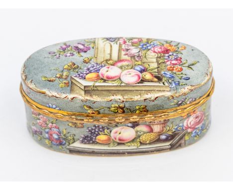 A 19th Century Continental probably Viennese enamel oval snuff box and cover, gilt metal mounted, the body painted with still