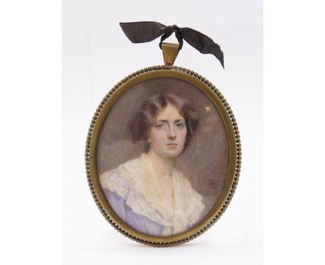 English School (early 20th Century) Portrait miniature of a Lady, white lace shawl over blue dress  oval, signed with monogra