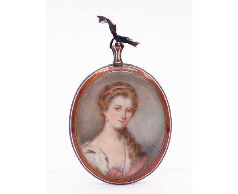 English School possibly John Smart (1742-1811)  Portrait miniature of a Lady wearing pearl earrings and necklace, fur mantle 