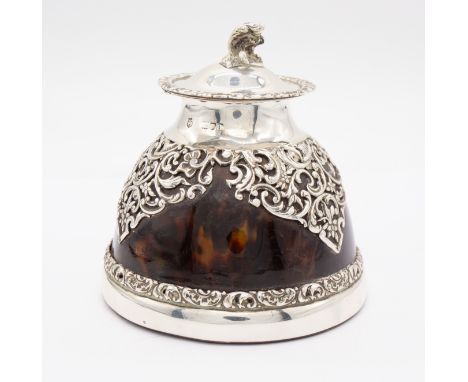 A late Victorian silver mounted tortoiseshell bell shaped ink well / stand, the domed cover with foliate scroll finial, openi