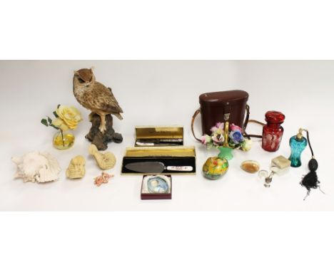 A collector's lot to include: an etched ruby glass bottle with stopper (chipped), small Coalport pottery house - 'The Summer 