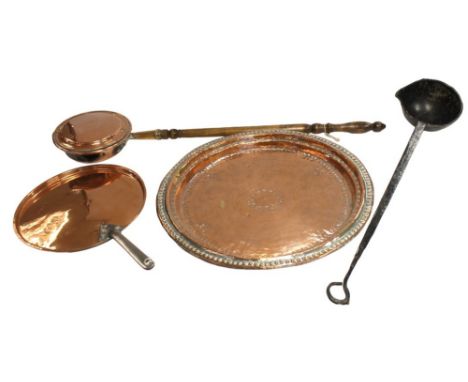 A large late 19th century twin-handled copper warming/mixing pan, a large saucepan with handle, a steel-handled pot for mixin