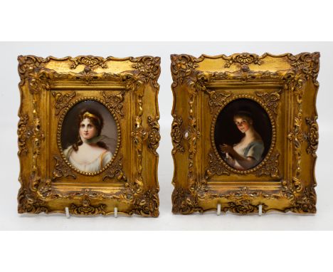 Two Continental probably German oval porcelain plaques: one depicting a woman carrying a candlestick after George Hom (1838-1