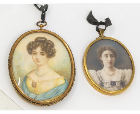 19th Century School Portrait miniature of a Lady wearing pearl necklace, blue shawl oval, 8.5cm long x 6.5cm in gilt metal fr