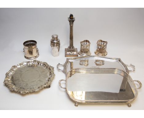 A small quantity of silver plated wares to include: a large twin-handled serving tray with Marriage presentation engraved to 