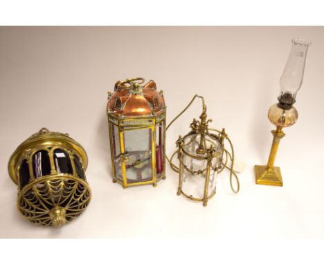 A late 19th century brass-cased ruby glass hall lamp / lantern (with bulb, so converted for electricity); a late 19th century