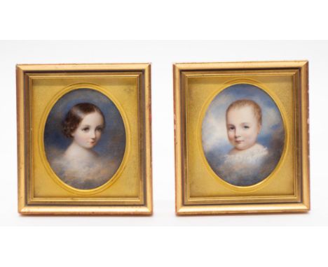 19th Century School Portrait miniatures of a young boy and girl probably Brother and Sister  a pair, ovals, 7.5cm, gilt mount