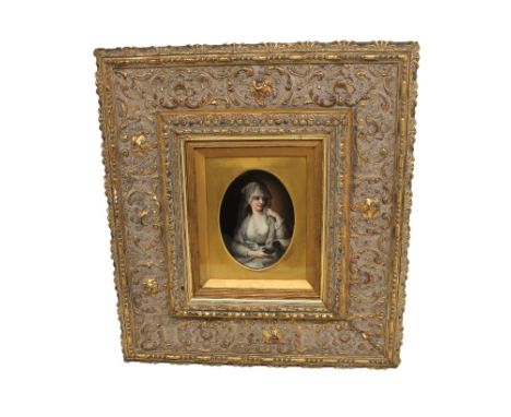 A late 19th Century German possibly Berlin (KPM) porcelain oval portrait plaque,  painted with a three quater length portrait