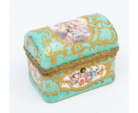 A South Staffordshire gilt metal mounted casket shaped etui, circa 1770, the turquoise ground body decorated with floral bouq