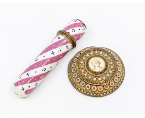 An 18th Century South Staffordshire enamel gilt metal mounted needle case with detachable thimble top, circa 1780, the white 