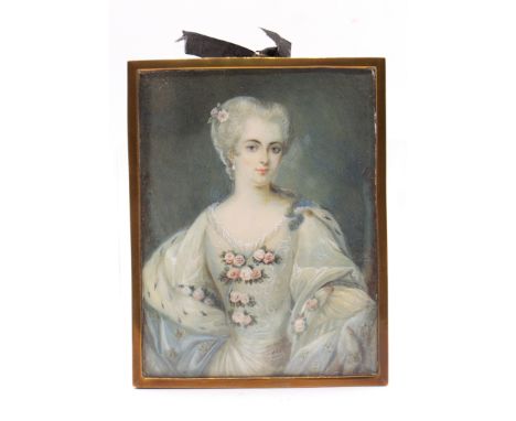 18th Century School probably French Portrait of a Noblewoman, powdered hair, dress with flowers to bodice, ermine lined blue 