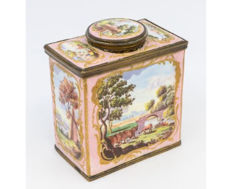 An 18th Century Bilston enamel gilt metal mounted tea caddy / cannister and detachable cover, circa 1770, pink ground decorat