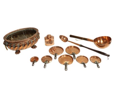 A collection of 19th century and other copperware, including: a large oval planter with gadrooned body and brass handles, a l