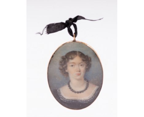 English School (19th Century)  Portrait miniature of a Lady wearing a black pearl necklace  oval, 4.8cm long, yellow metal (u