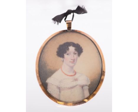 English School (19th Century) Portrait miniature of a Lady in white broderie dress, pearl necklace  oval, 6.8cm long, yellow 