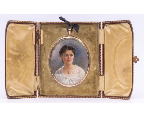 Edwardian School  Portrait miniature of a Lady, wearing white lace shawl, gold necklace oval, 7cm long, the plain silver fram