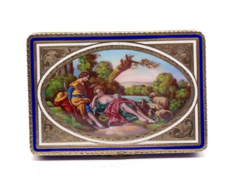 An 18th Century style silver-gilt and enamel snuff box, the central oval lozenge painted with a shepherd, sleeping maiden and