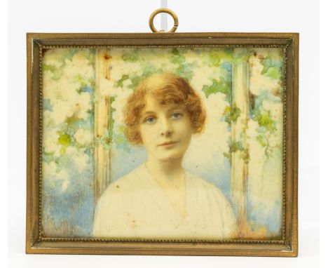 Edwardian School (early 20th Century) Portrait of a Lady with trellis behind  rectangular panel, watercolour, 6 x 7.5cm, gilt