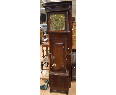 A mid 18th century 30-hour longcase clock with square brass dial face, maker's name and area over-polished so unrecognisable,