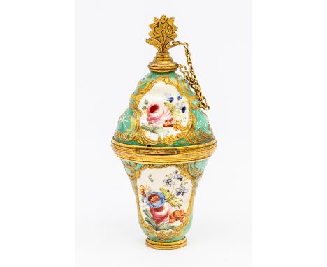 An 18th Century South Staffordshire enamel gilt metal mounted combination scent bottle and bonbonniere, circa 1770, the turqu