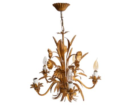 A 20th century gilt metal candelabra in flower and corn shapes with five arms, converted for electricity and with light bulbs
